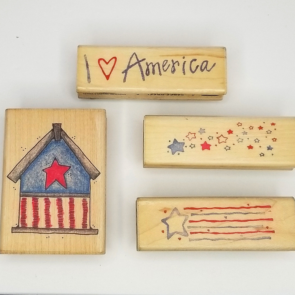 Image Tree Patriotic Americana Wooden Rubber Stamp Set- Stars Flag I <3 America